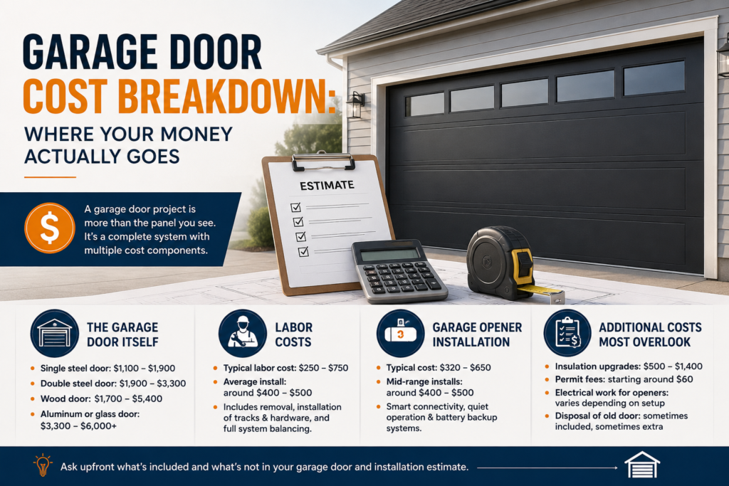 Garage door cost breakdown showing door, labor, opener installation, and additional costs.