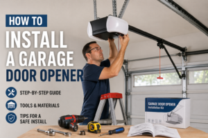 Man installing a garage door opener on the ceiling using a ladder and power tools in a residential garage.