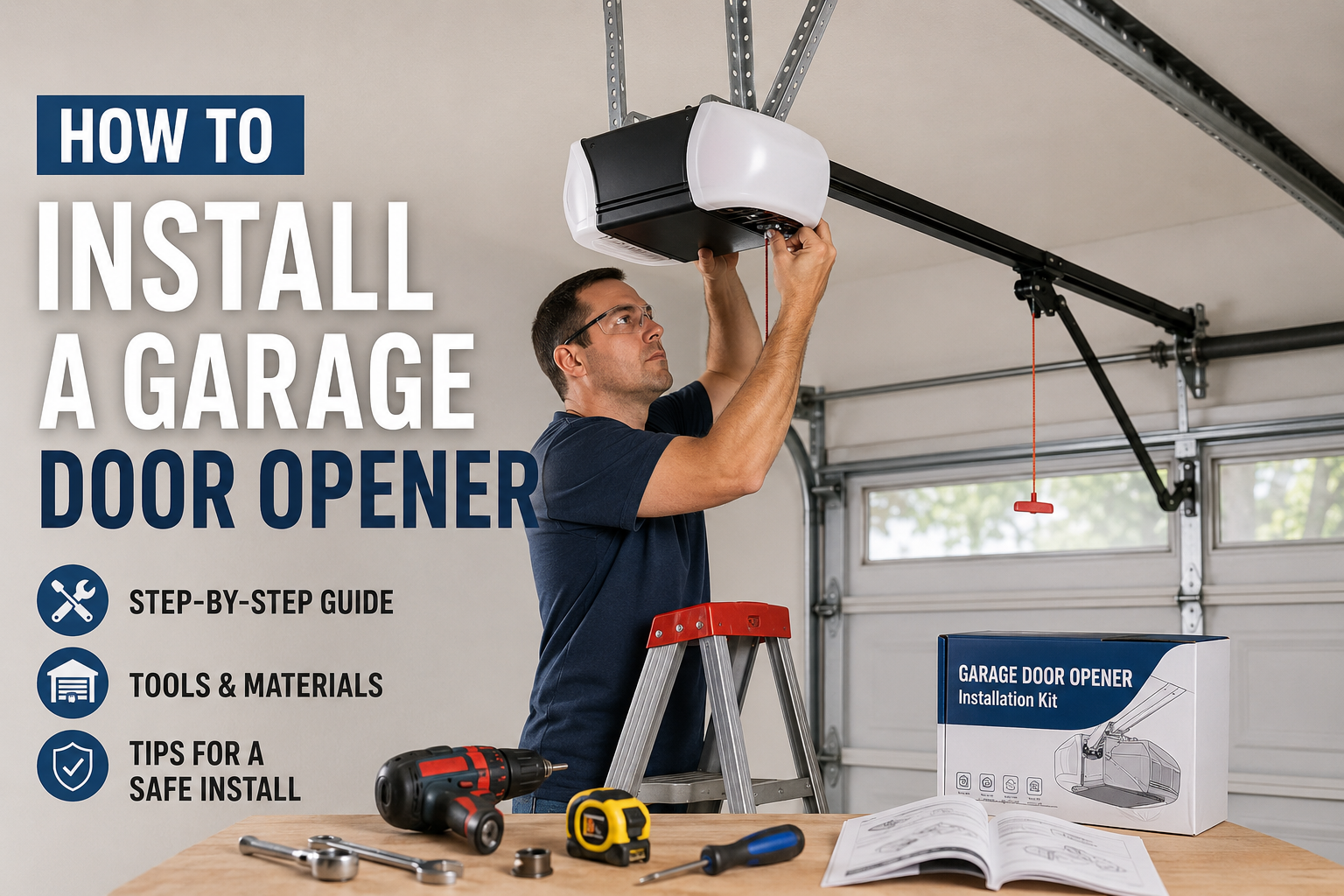 Man installing a garage door opener on the ceiling using a ladder and power tools in a residential garage.