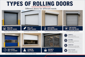 Infographic showing types of rolling doors including service, sheet, insulated, fire-rated, high-speed, counter, and security grilles.