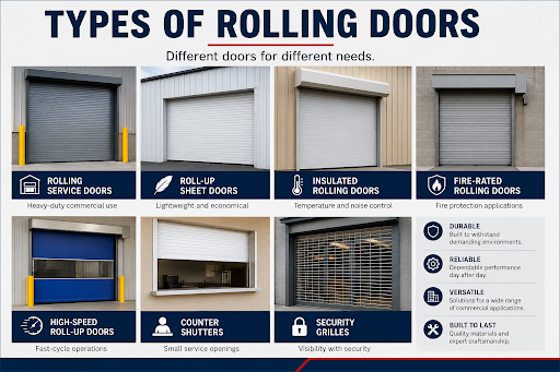 Infographic showing types of rolling doors including service, sheet, insulated, fire-rated, high-speed, counter, and security grilles.
