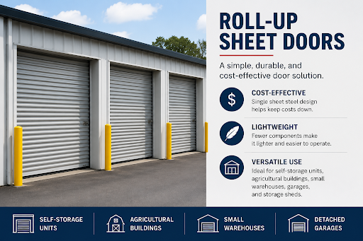 Infographic of roll-up sheet doors highlighting cost-effective, lightweight commercial doors for storage and warehouse use.