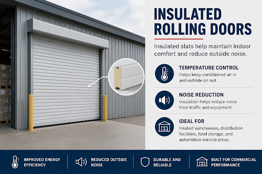 Infographic of insulated rolling doors showing energy efficiency, temperature control, noise reduction, and commercial use.