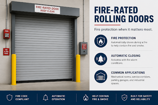 Infographic of fire-rated rolling doors featuring automatic closing, fire protection, code compliance, and industrial applications.