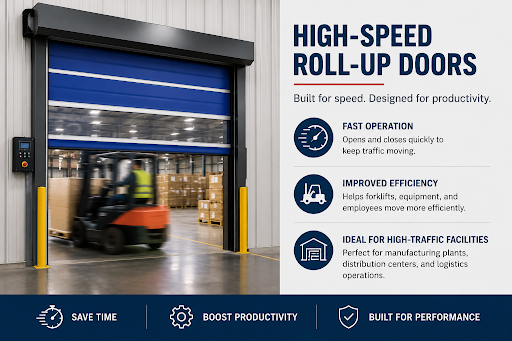 Infographic of high-speed roll-up doors for warehouses, highlighting fast operation, efficiency, and high-traffic facilities.