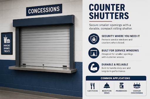 Infographic of counter shutters showing secure service windows for concessions, cafeterias, pharmacies, and reception desks.