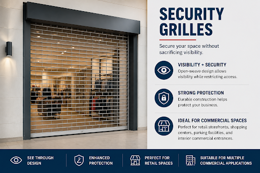 Infographic of security grilles for commercial storefronts providing visibility, security, and access control for retail spaces.
