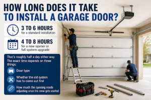 Garage door installation infographic showing a technician installing a garage door, with installation times of 3&ndash;6 hours and key factors affecting the duration.