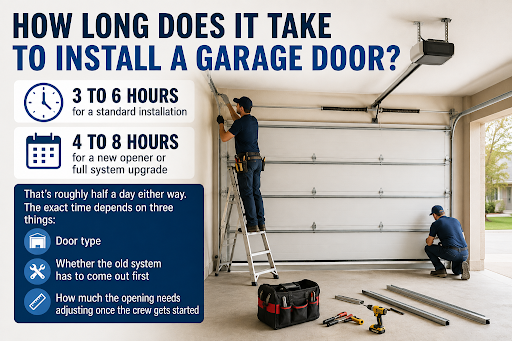 Garage door installation infographic showing a technician installing a garage door, with installation times of 3–6 hours and key factors affecting the duration.