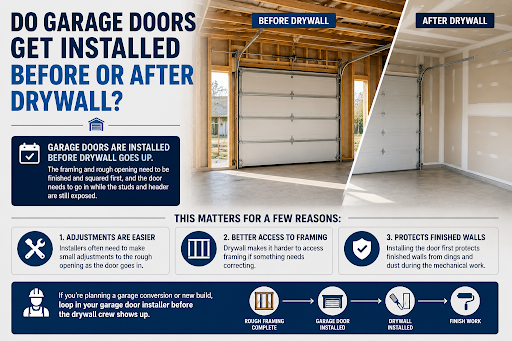 Garage door installation before drywall, showing rough framing, installation benefits, and the proper construction sequence.