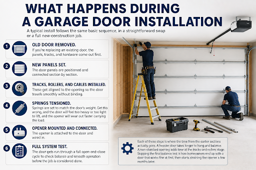 Garage door installation process showing six steps from removing the old door to final system testing.