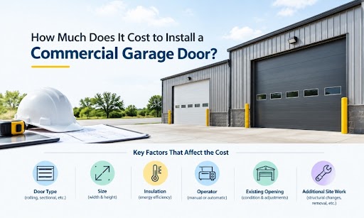 Commercial garage door installation cost factors, including door type, size, insulation, operator, existing opening, and site work.
